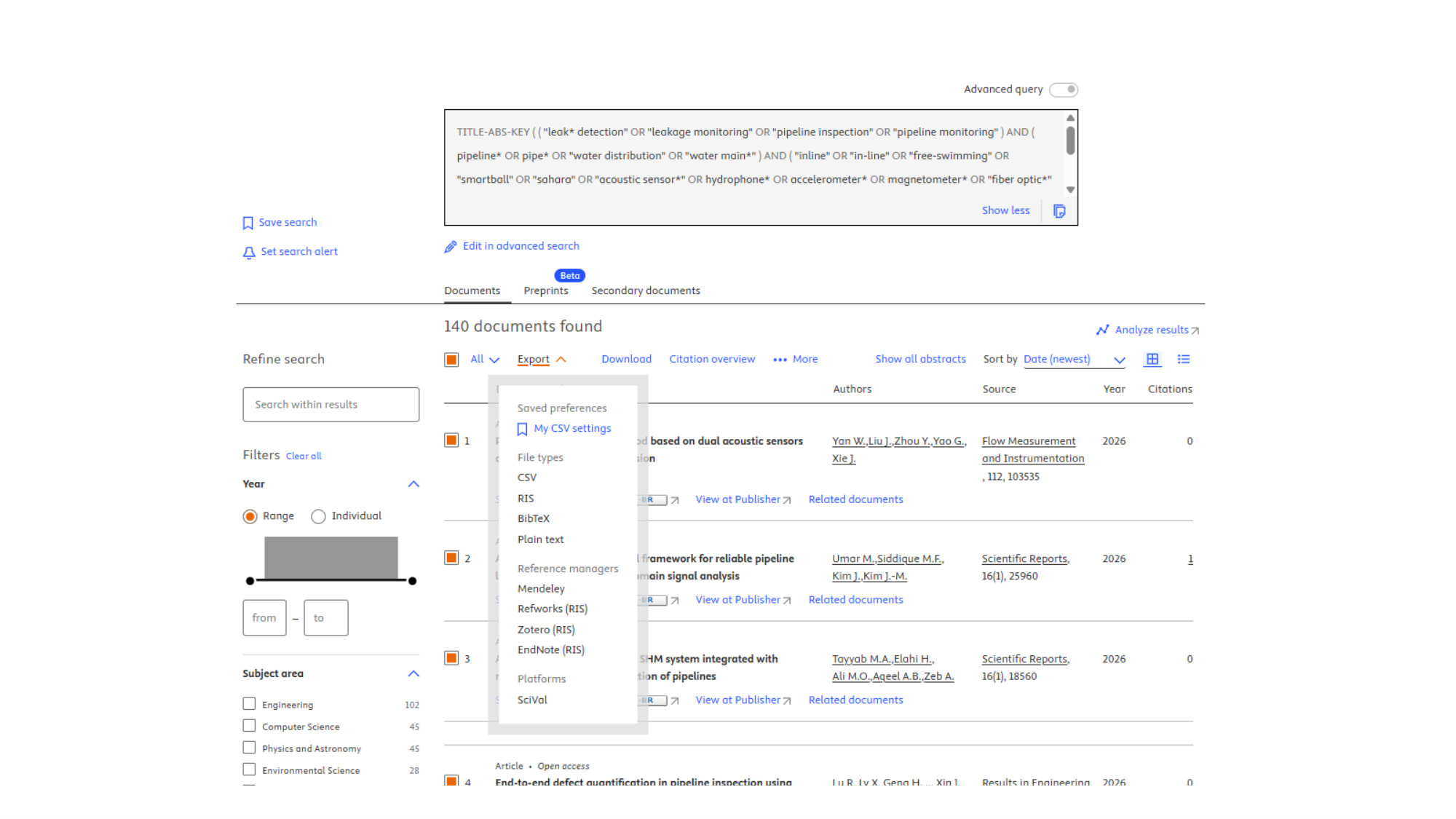Passo 2: Scopus: Seleção de Registros e Menu de Exportação